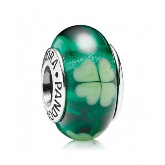 Pandora Charm-Silver And Green Clover Murano Glass